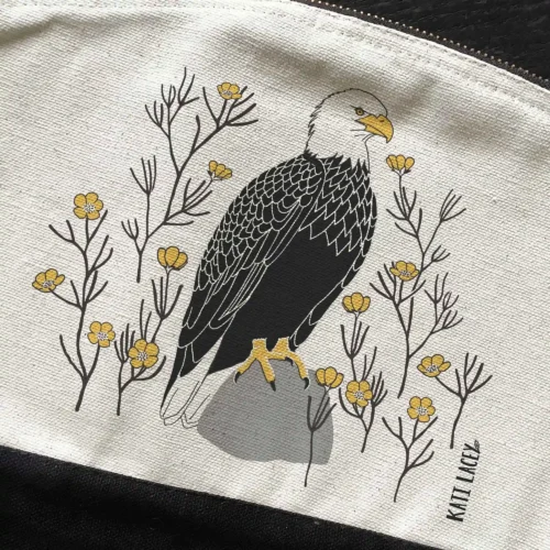 Bird pouch Bald Eagle with Buttercups closeup by Kati Lacey Designs