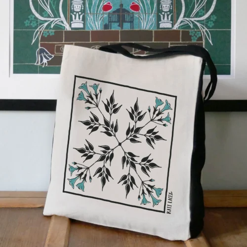 Black and Teal detailed Jasmine Shopper Canvas Bag front by Kati Lacey Designs