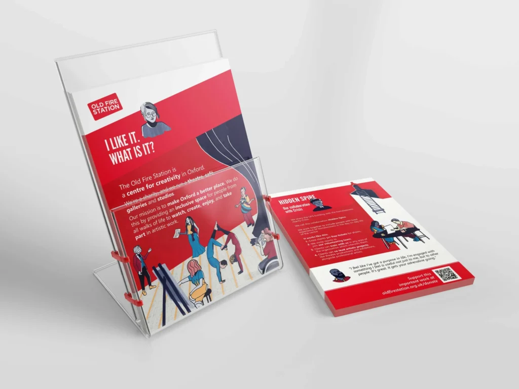 Brand illustrations for Arts at the Old Fire Station Oxford Leaflet design in holder by Kati Lacey brand illustrator