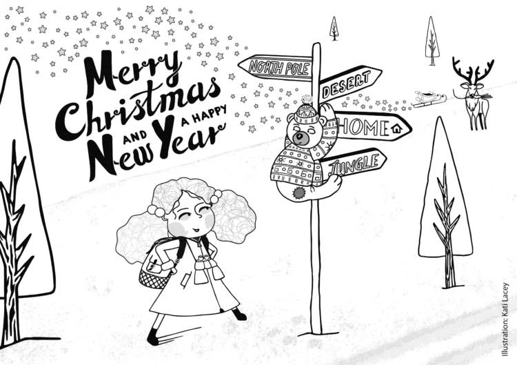 Christmas illustration for children show for Home in Time for Christmas for The Oxford Payhouse Colour in Postcard