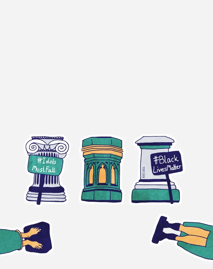 Editorial illustration Toppling statues oxford by Kati Lacey editorial illustrator
