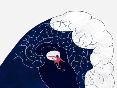 Editorial illustration navigating emotions Surfer riding the waves of emotions by Kati Lacey editorial illustrator