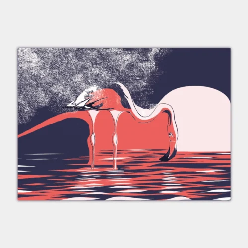 Flamingo in Water Unframed Wall Art Print closeup by Kati Lacey Designs
