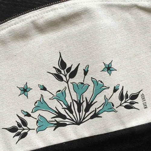 Floral pouch with Iznik inspired jasmin design closeup by Kati Lacey Designs