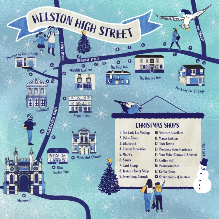 Illustrated Christmas shopping map Helston High Street by Kati Lacey Illustrator and designer