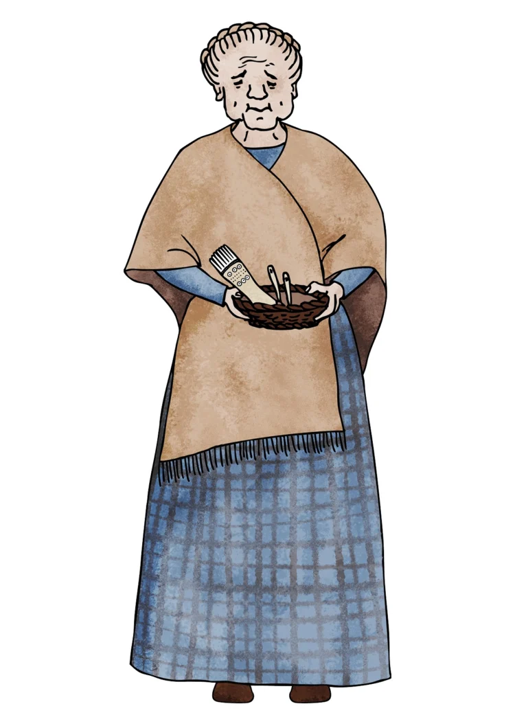 Non fiction character illustration for archeology Iron age elder passing on weaving accessories