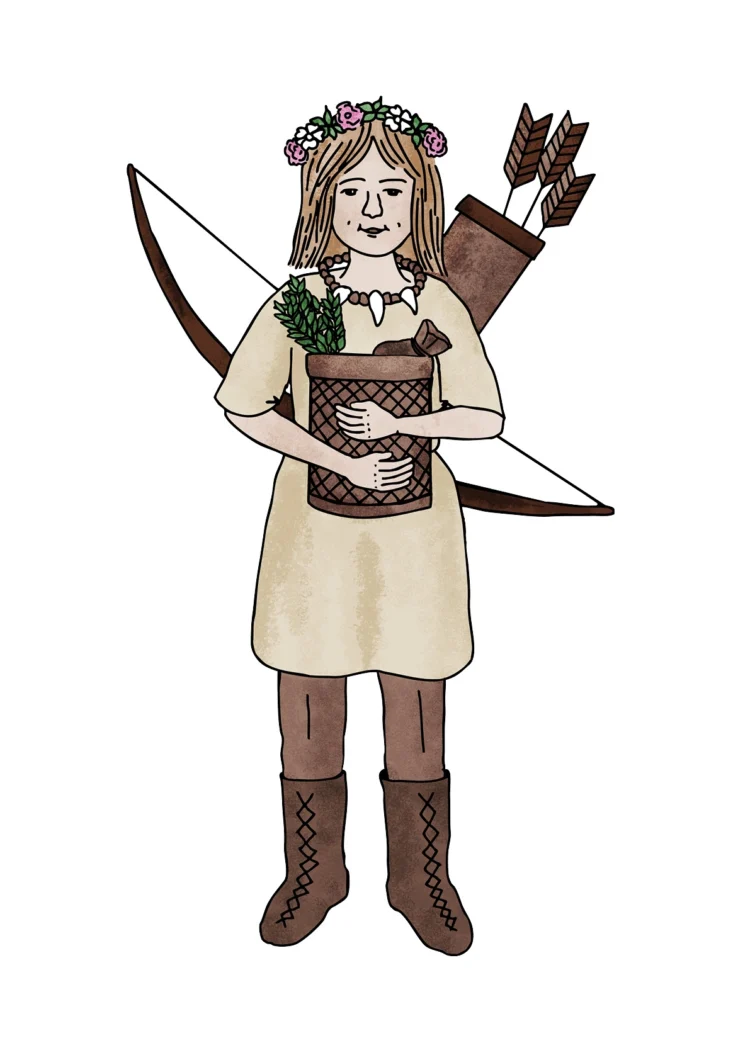 Non fiction character illustration for archeology Neolithic girl Kati Lacey Freelance Illustrator