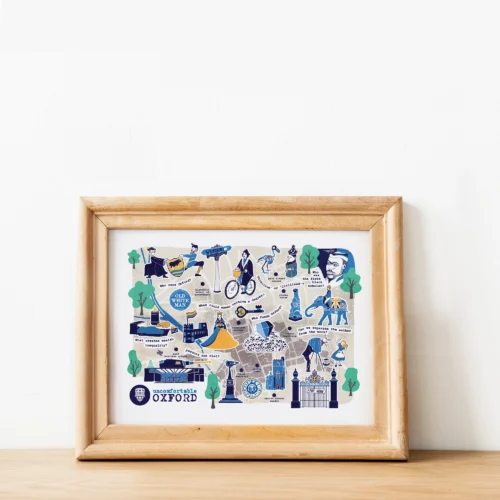 Oxford Map Illustration Wall Art Print shown in frame by Kati Lacey Designs