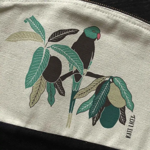 Parakeet Pouch showing bird sitting in mango tree flat by Kati Lacey Designs