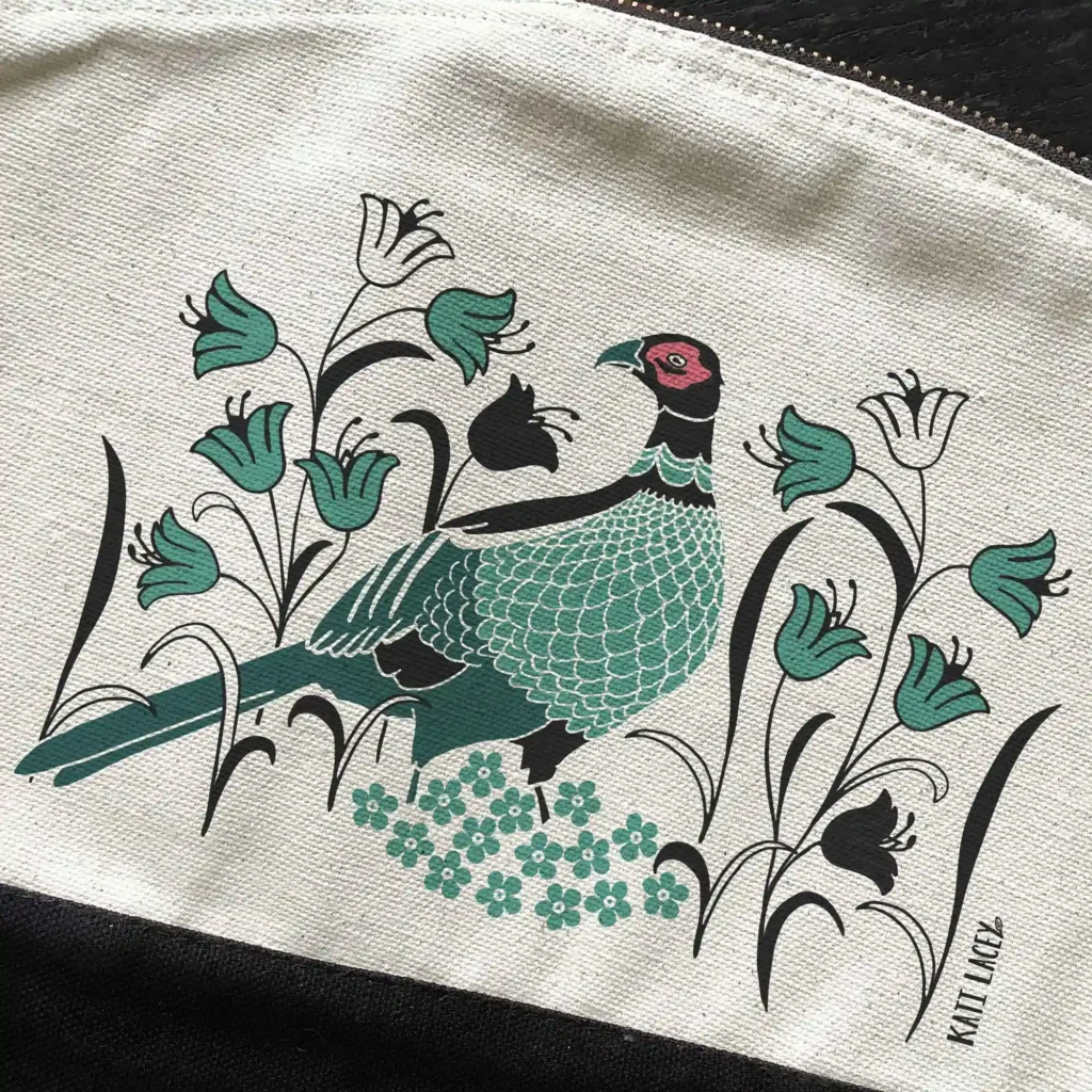 Pheasant Pouch showing pheasant in amongst bluebells closeup by Kati Lacey Designs