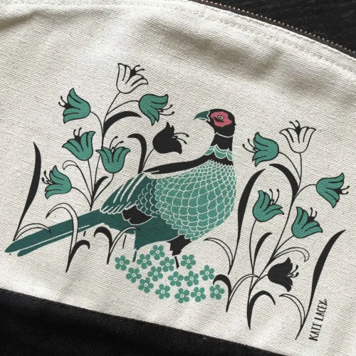 Pheasant Pouch showing pheasant in amongst bluebells closeup by Kati Lacey Designs