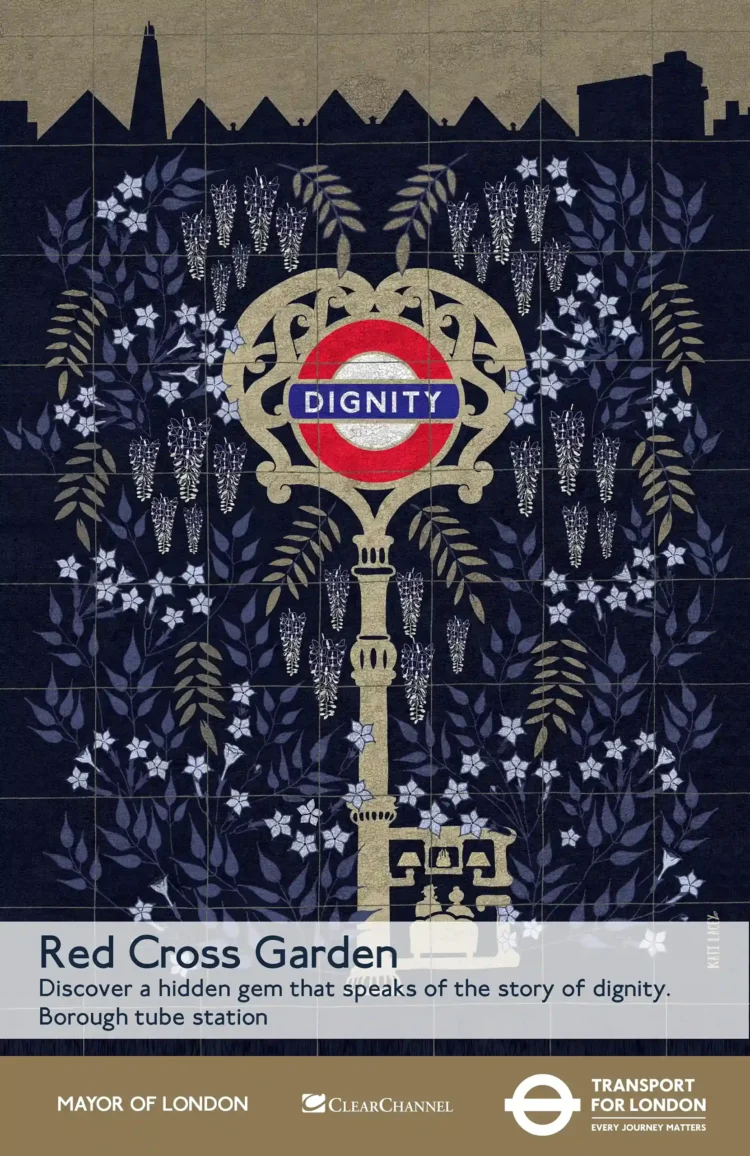 Poster illustration for Red Cross Garden London heritage by Kat Lacey poster illustrator