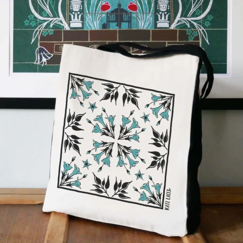 Teal and Black Jasmine Shopper Canvas Bag front by Kati Lacey Designs (2)