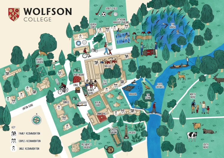 Illustrated visitor map of Wolfson College by Kati Lacey freelance illustrator showing the college buildings, gardens, River Cherwell, wildlife and people.