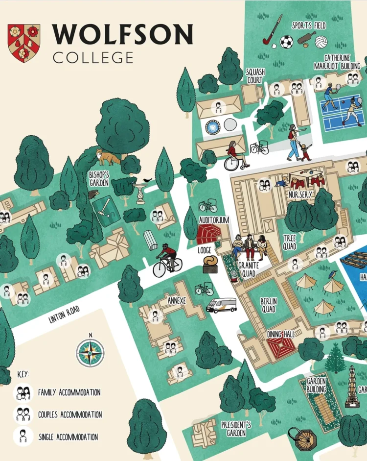 Illustrated visitor map of Wolfson College by Kati Lacey freelance illustrator showing the college buildings, gardens, River Cherwell, wildlife and people.