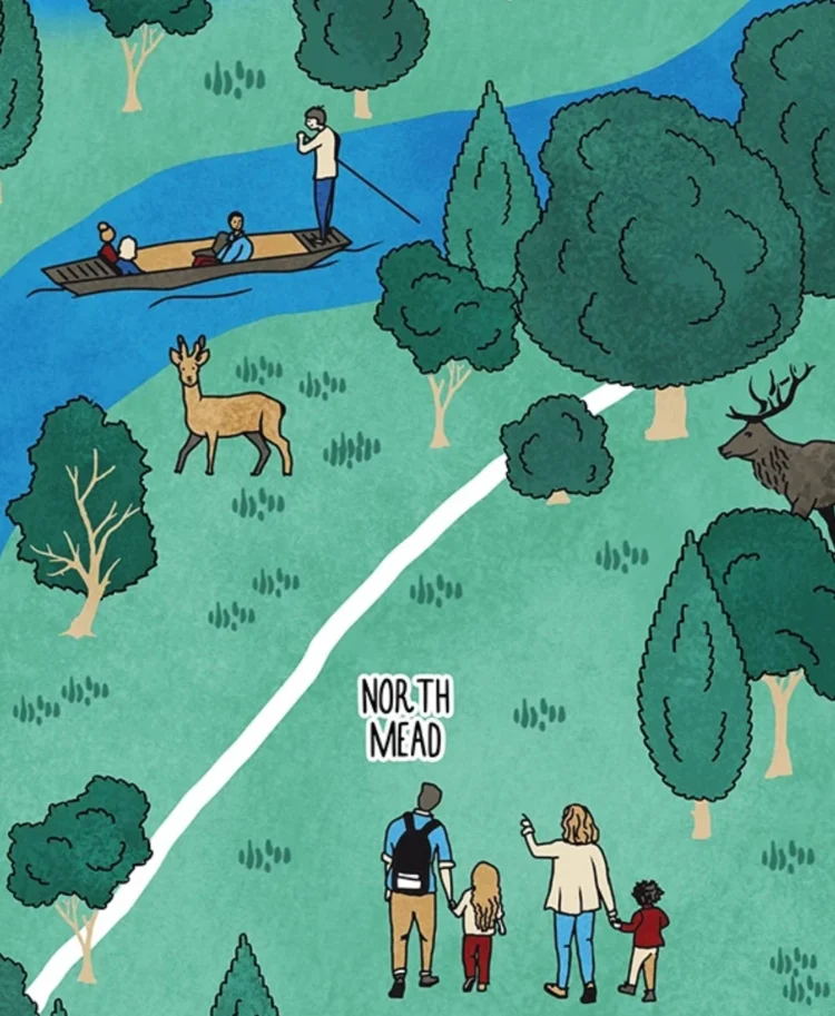 Detail of the Wolfson College visitor map showing the North MEad with a family walking in between deer and a group of young people punting on the River Cherwell.