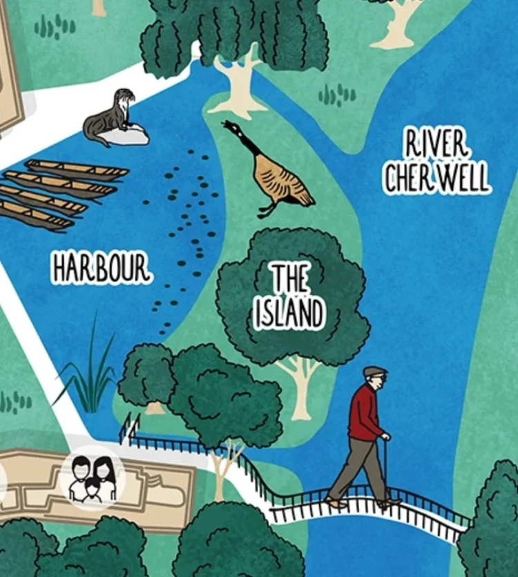 Detail of the Wolfson College visitor map showing the River Cherwell, Harbour and Island, with wildlife and a person walking along the river.