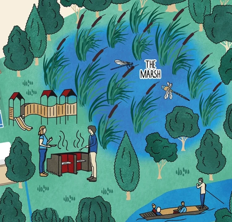 Detail of the Wolfson College visitor map showing the Marsh, with reeds, wildlife, people and a small boat.