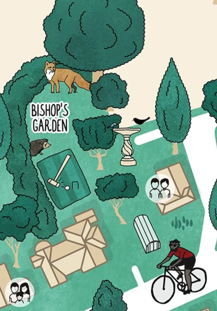 Detail of the Wolfson College visitor map showing Bishop’s Garden, with trees, wildlife, people and college buildings.