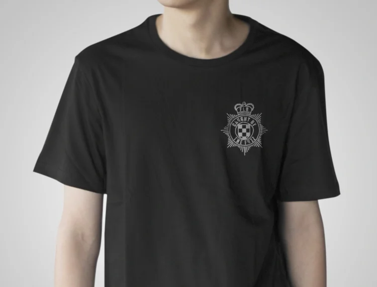 brand illustration for music shop merchandise t shirt with badge